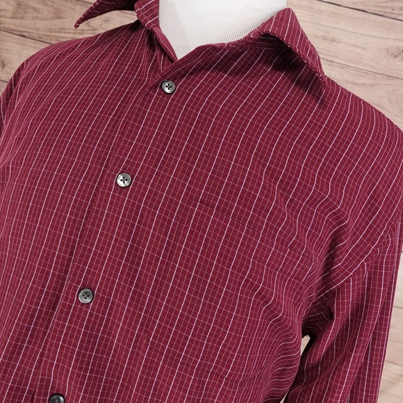 VAN HEUSEN LONG SLEEVE DARK RED CHECK BUTTON DOWN SHIRT MENS L 16-16.5 - Picture 2 of 7